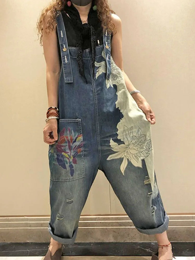 Korean Females Fashion Overalls Ladies Spring Printed Denim Harem Pants Vintage Casual Jeans Womens Loose Vintage Trousers