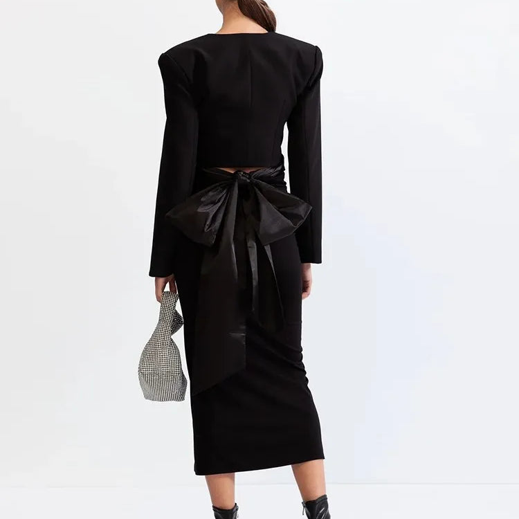 TWOTWINSTYLE Chic Two Piece Set For Women Round Neck Long Sleeve Top High Waist Spliced Appliques Skirt Elegant Sets Female New