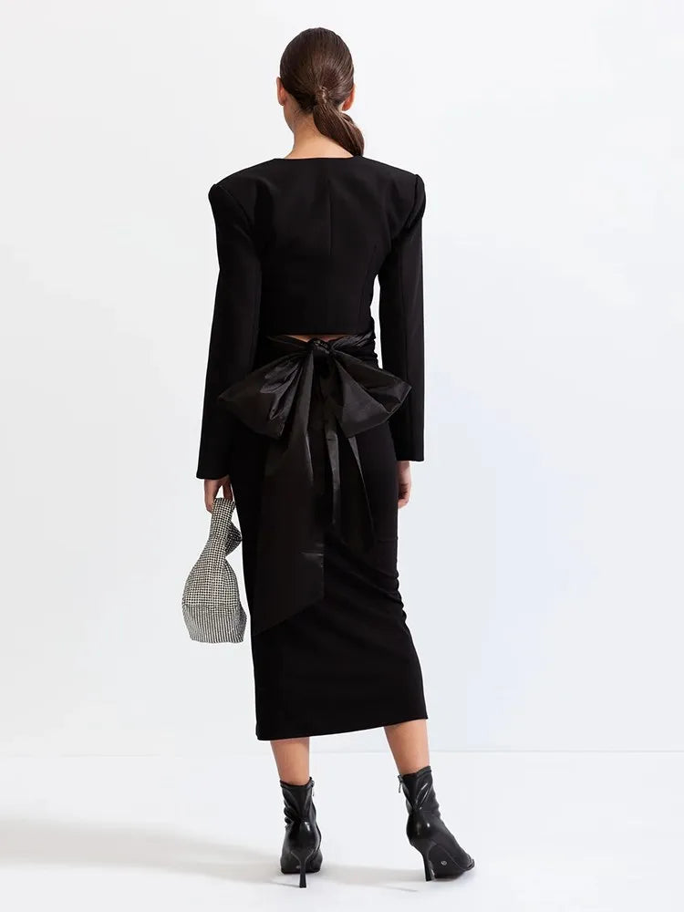 TWOTWINSTYLE Chic Two Piece Set For Women Round Neck Long Sleeve Top High Waist Spliced Appliques Skirt Elegant Sets Female New