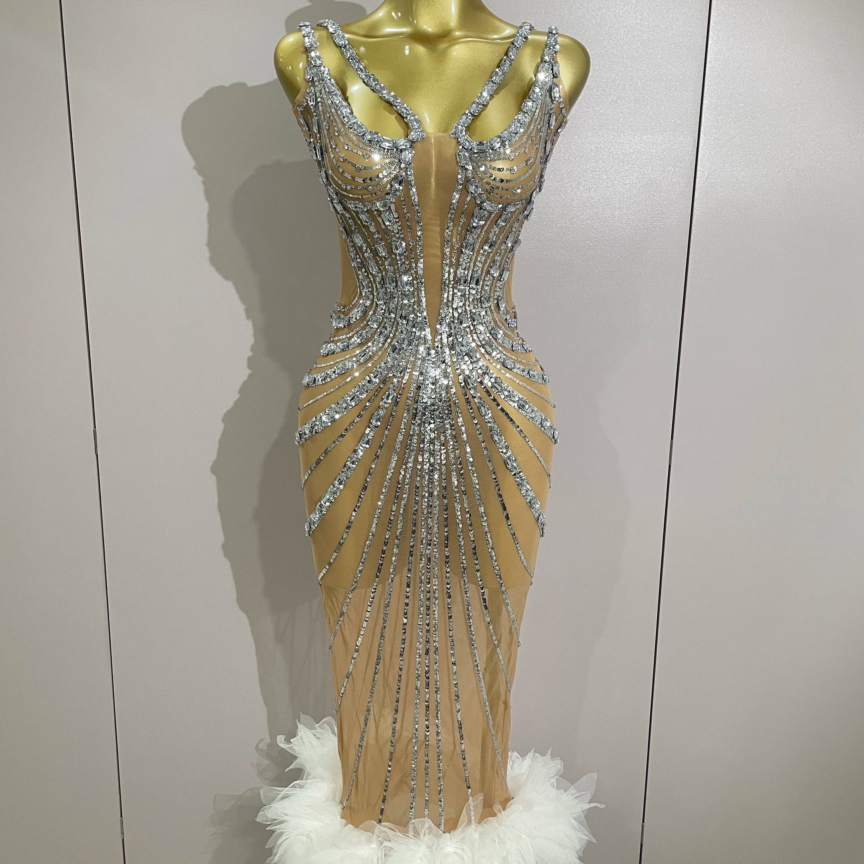 Luxury Sexy Silver Rhinestone Mesh See Through Long Dress 2025 New Women Birthday Party Prom Gown Singer Nightclub Stage Costume