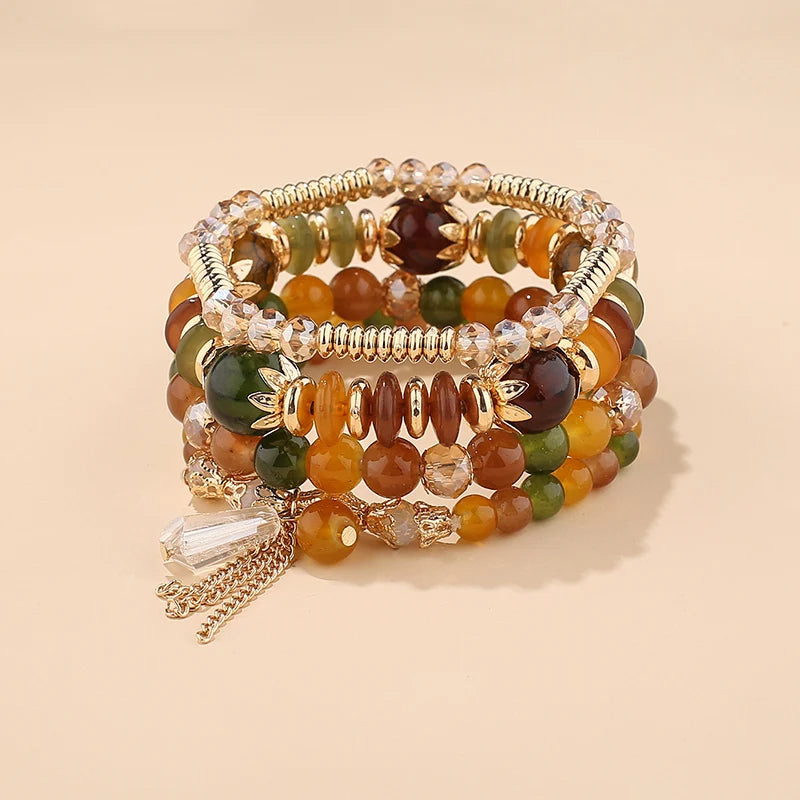 4Pcs Bohemian Women Pink Tassel Bracelet Set For Female I Love You Feather Round Charm Beads Chain Bangle Fashion Party Jewelry BR133-11