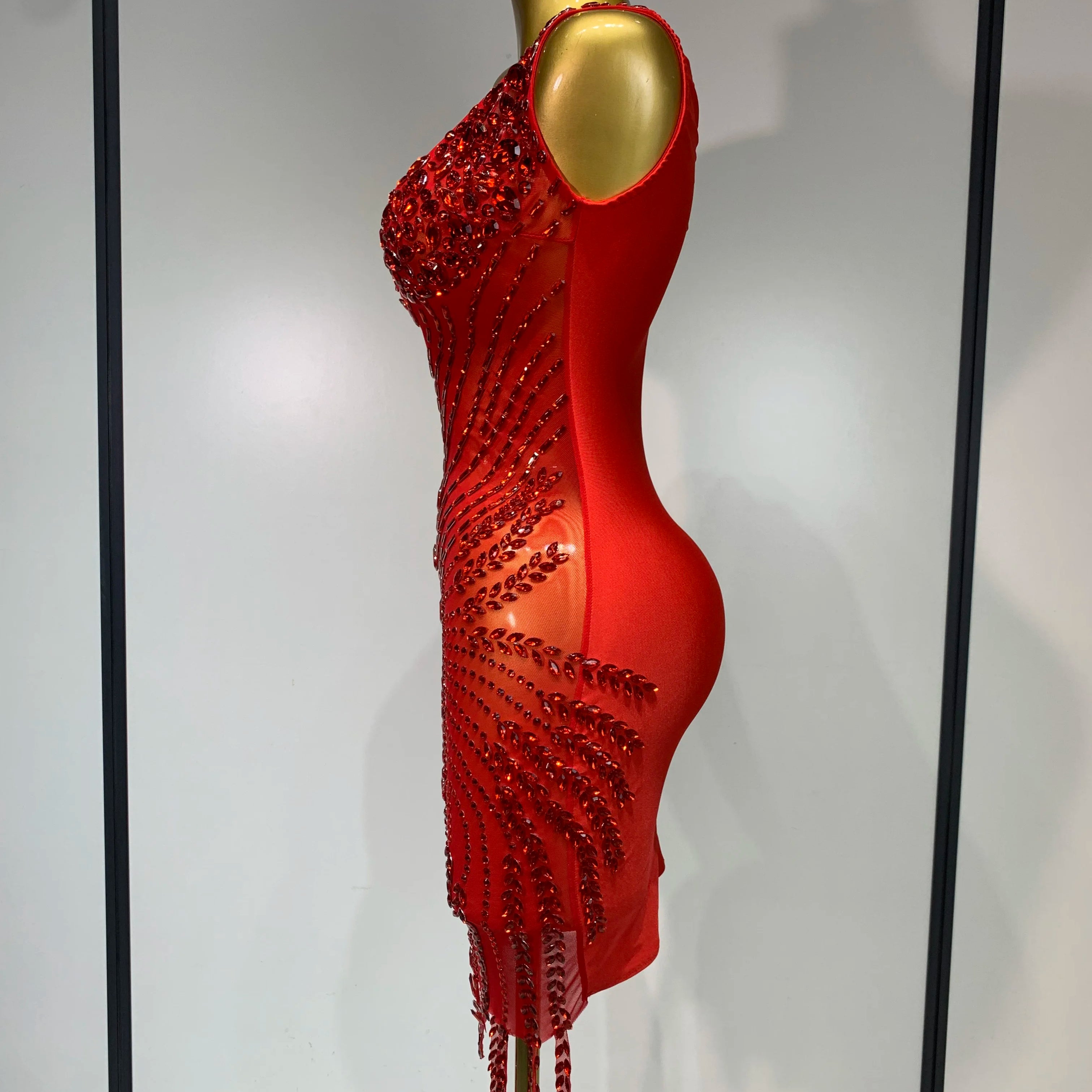 Sparkly Rhinestone Mesh See Through V Neck Dress Women Sexy Performance Stage Costume Evening Party Club Luxury Birthday Outfit