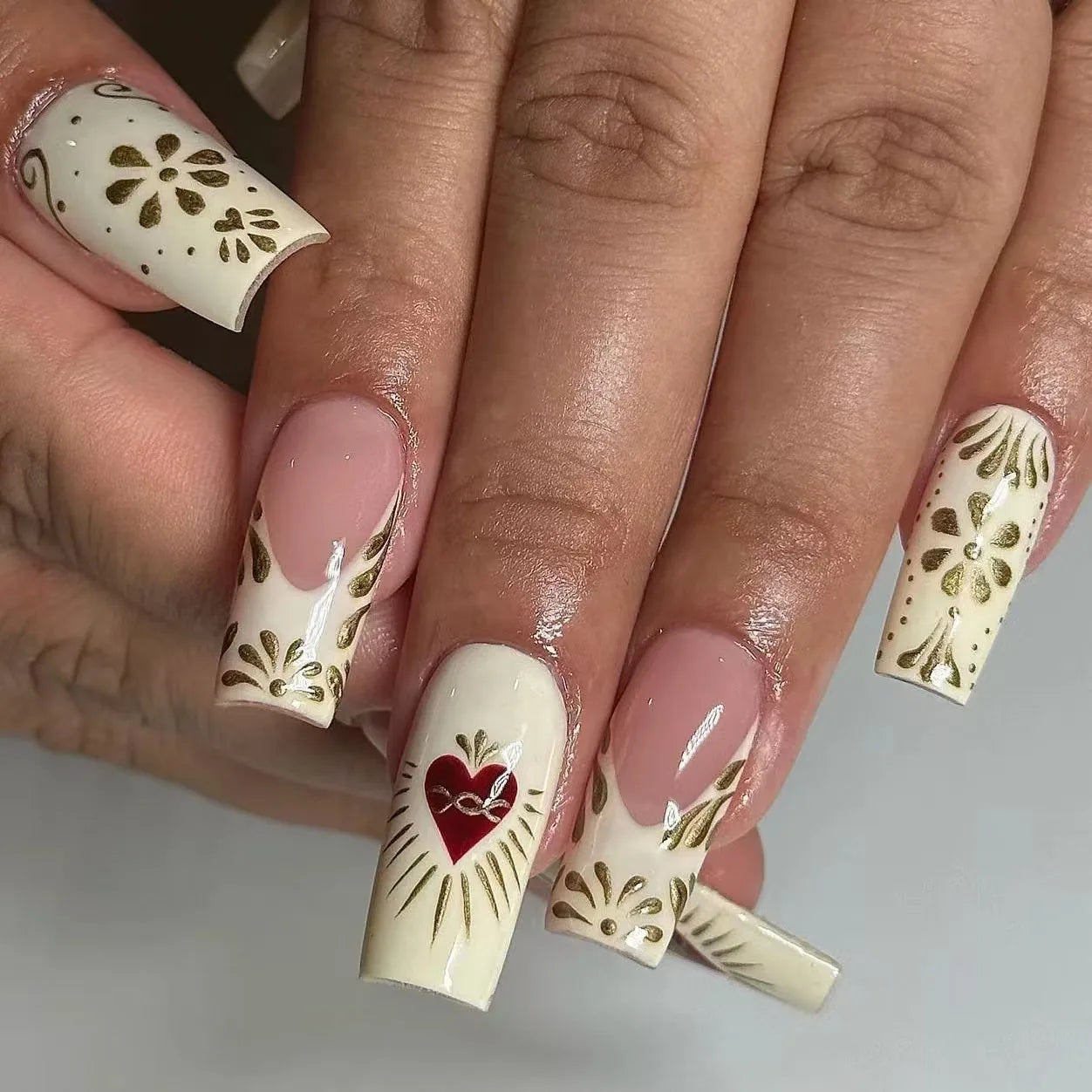 24Pcs Mid-length French Press on Fake Nails with Flame and Cherry Heart Square Head False Nails Wearable Manicure Tips Nails Art