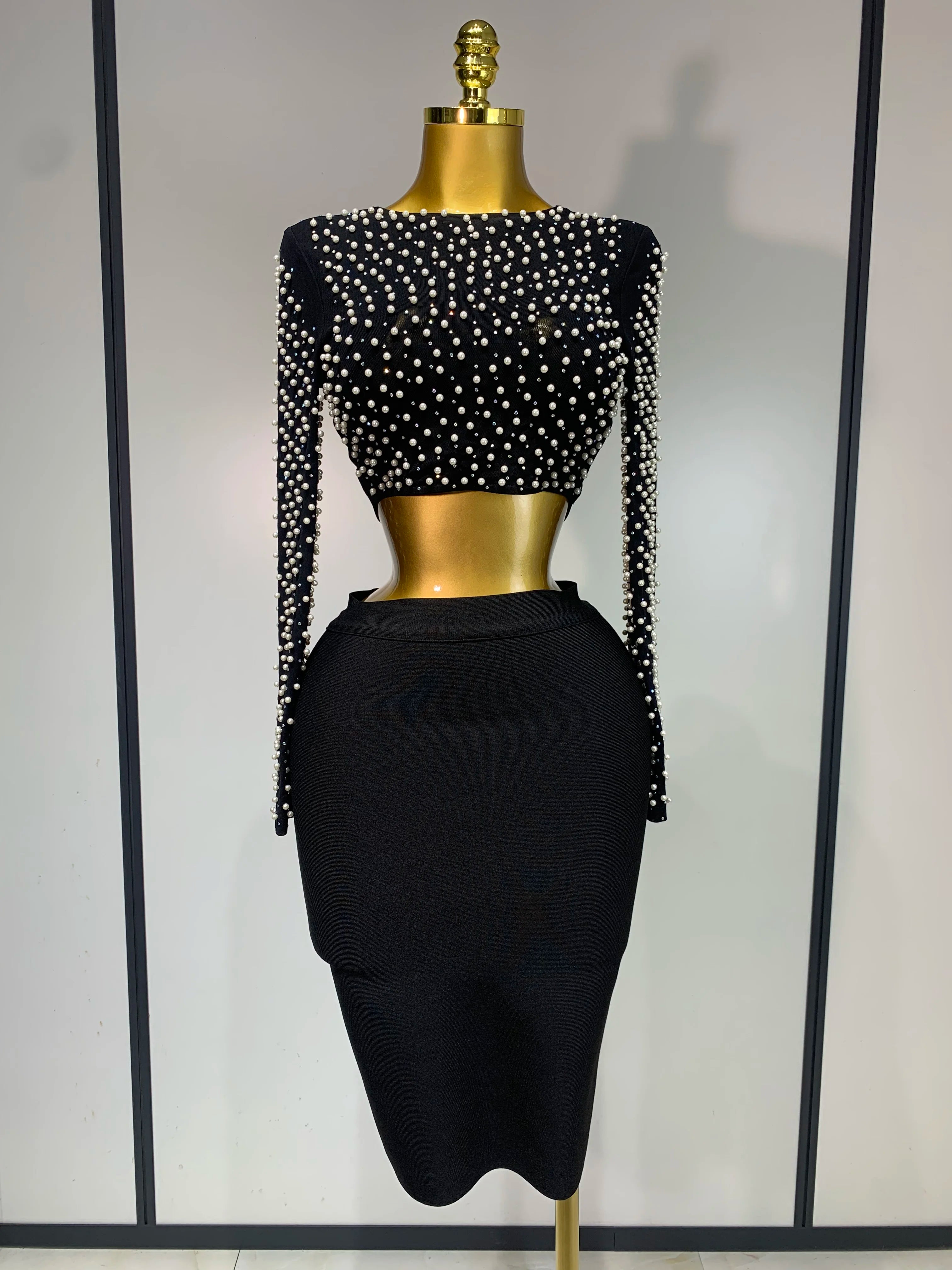 Women Sexy Long Sleeve Mesh Pearl Black Top Celebrity Midi Women Bandage Set 2025 Designer Evening Party Birthday Two Piece Set