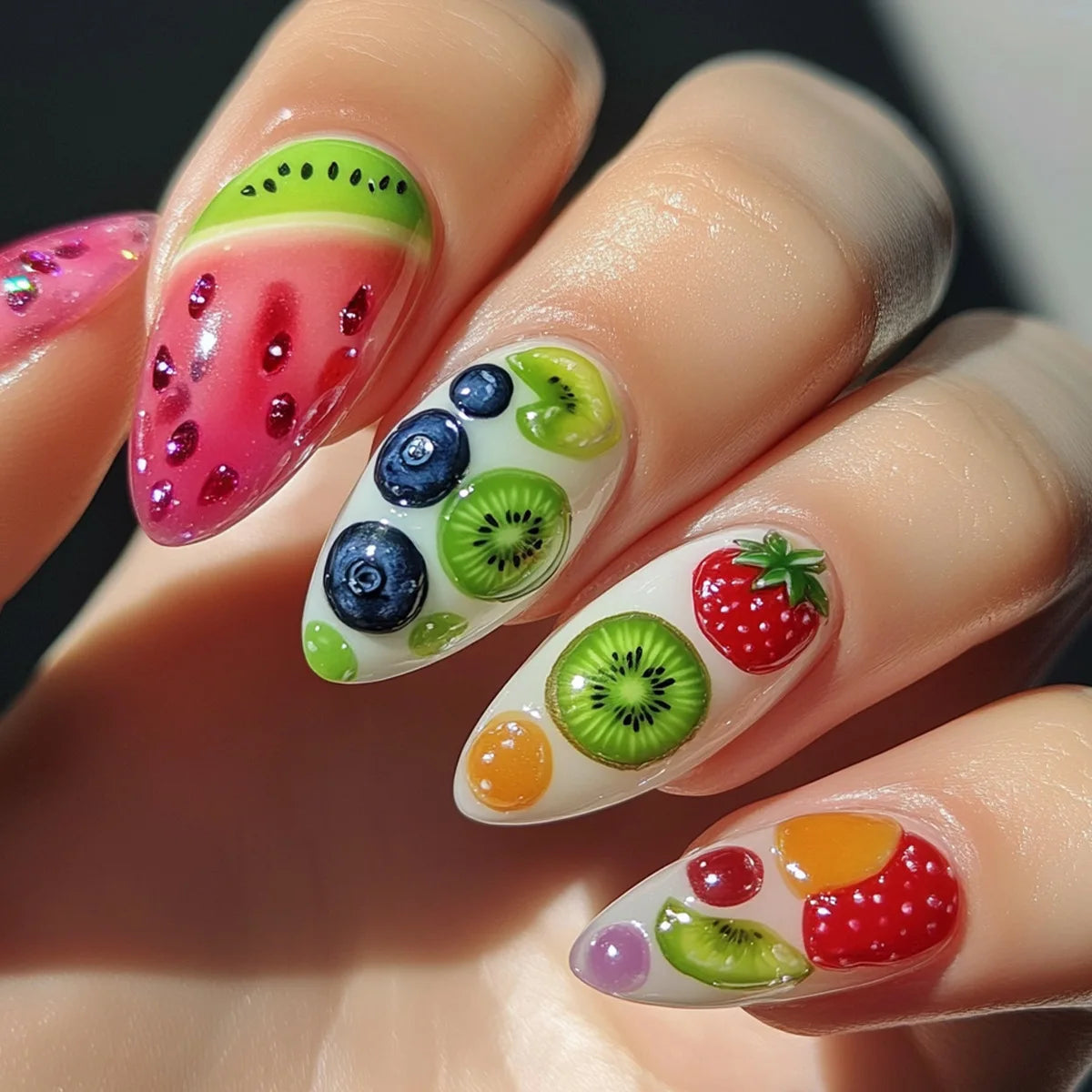 24pcs Summer Ocean False Nails Shark Starfish Pattern Fake Nails Tips Wearable Detachable Spice Girl Almond Press on Nails