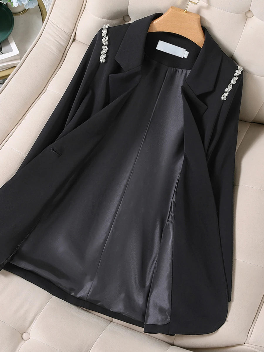 TWOTWINSTYLE Solid Loose Spliced Button Casual Jackets for Women Lapel Long Sleeves Patchwork Bead Jacket Female Fashion Clothes