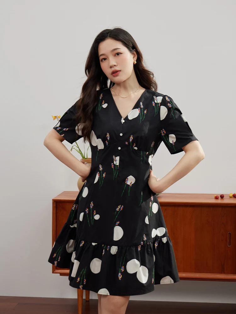 Niche Color Contrast Design Printed V-neck Dress for Women Summer Special X-shaped High Waist Light Dress Female black