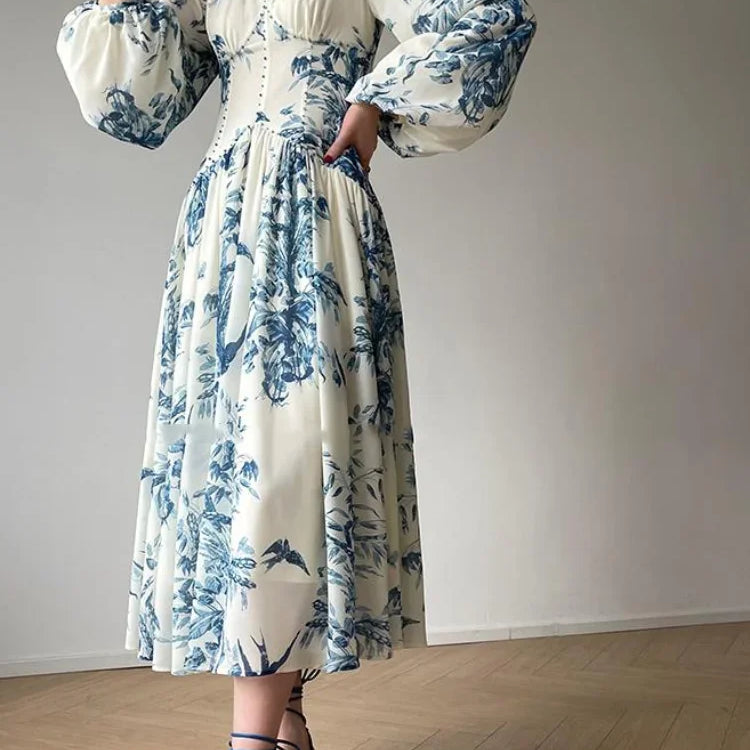 French Summer Midi Fashion Floral Beading High Waist A Line Party Dresses Women Vintage Elegant Lantern Sleeve Chic Casual Dress