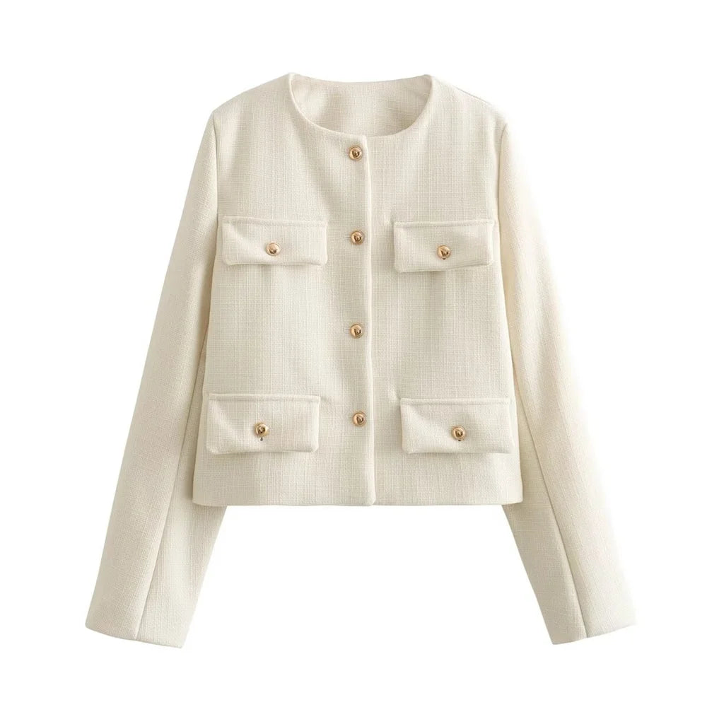 Women's Fashion and Casual Versatile Round Neck Single breasted Flap Decoration Suit Coat Creamy-white