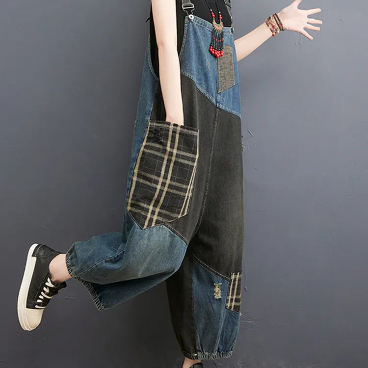 Korean Fall Jeans Women Plaid Ripped Denim Overalls Ladies Vintage Punk Loose Pants Luxury Classic Casual Trousers