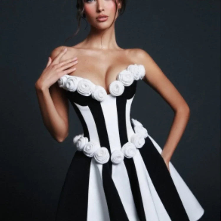 2025 Stereoscopic White Flowers White and Black Bandage Mini Dress Sweet Woman Birthday Party Vestido Celebrity Party outfit!