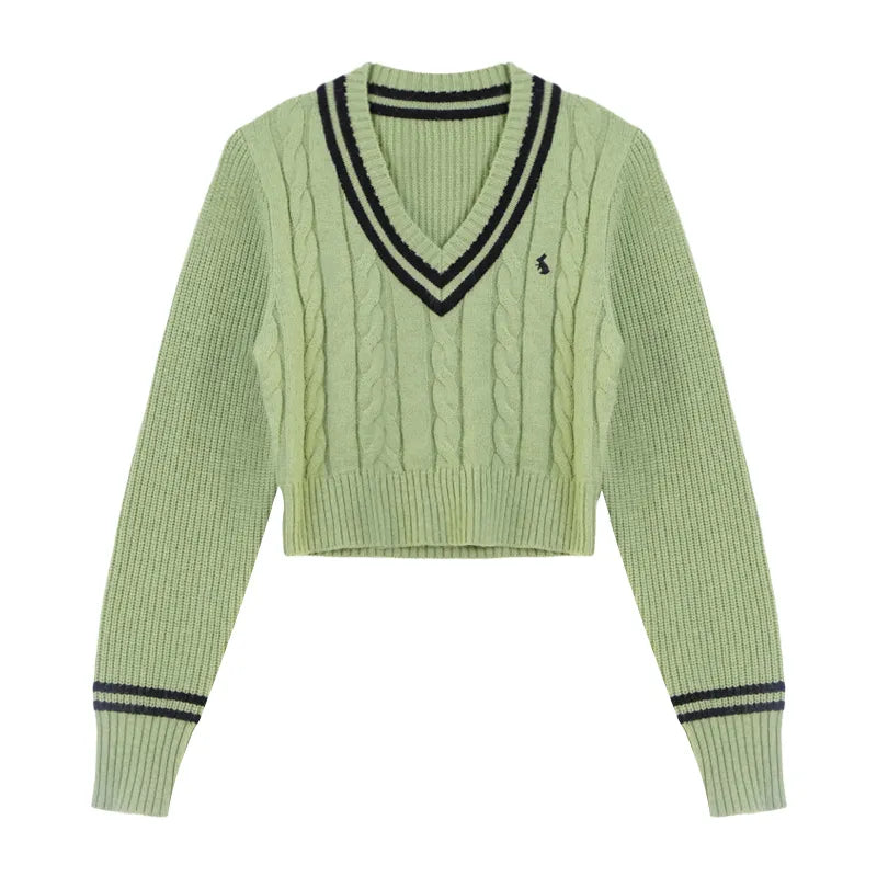 Korean Fashion Sweaters Women Autumn V-neck Y2K Cartoon Embroidery Knitted Tops Winter Soft Basic Long Sleeve Pullovers green One Size