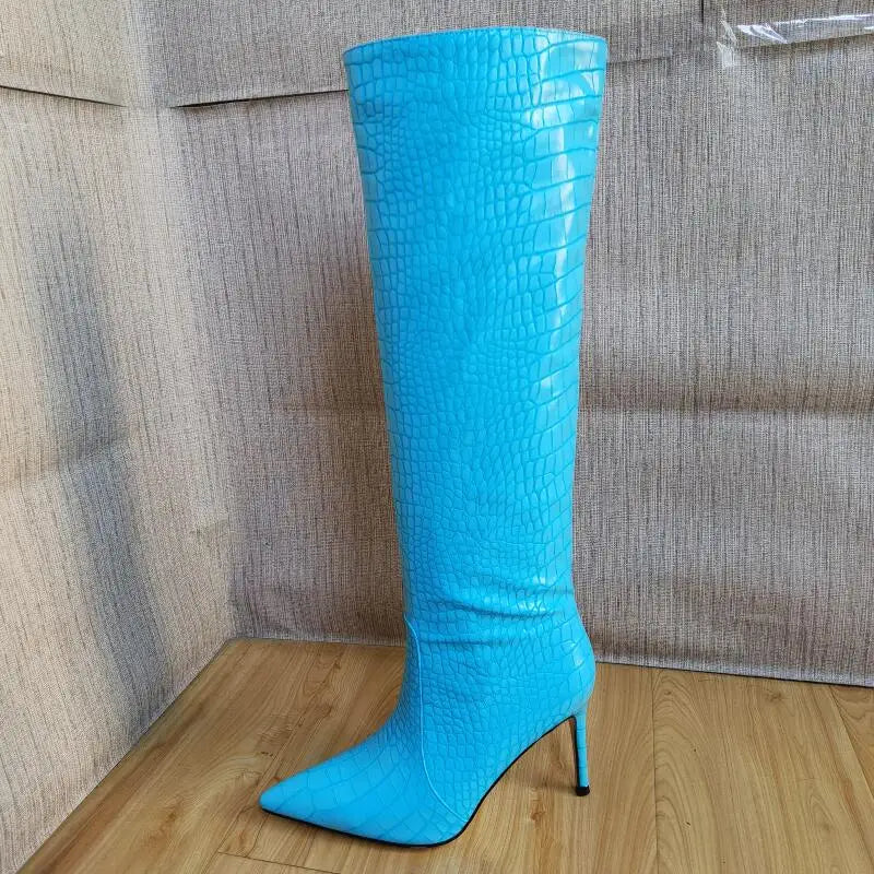 Size 43 Women Sexy Pattern Knee High Boots 2022 Autumn High-heel Pointed Toe Women's Shoes Black