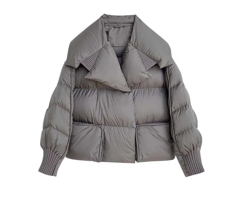 Luxury Design pockets zipper cropped down jacket for women Winter Warm Knit patchwork puffer coat Oversize INKEO DJ054 GRAY