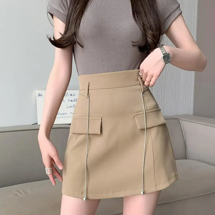 Summer Women High Waist Office Mini Skirt Elegant Casual Black White A-line Short Skirts Korean Style Y2k Streetwear Cargo Skirt Khaki