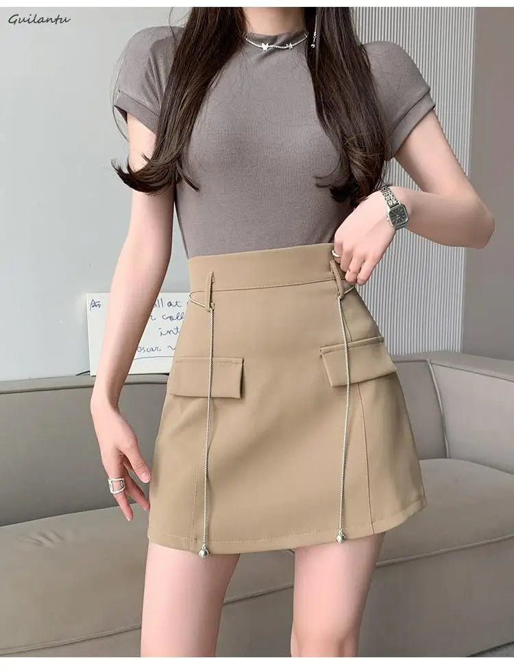Summer Women High Waist Office Mini Skirt Elegant Casual Black White A-line Short Skirts Korean Style Y2k Streetwear Cargo Skirt Khaki
