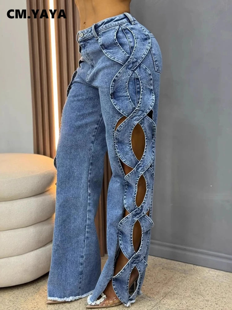 CM.YAYA Women Streetwear Cutout Hollow Out Criss Cross Side Wide Leg Blue Denim Pants 2025 Fashion Sexy Party Jeans Trousers