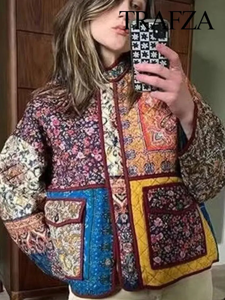 Floral Printed Cotton Jacket For Women Long Sleeve Patchwork Pocket Contrasting Colors Button Ethnic Causal Coat