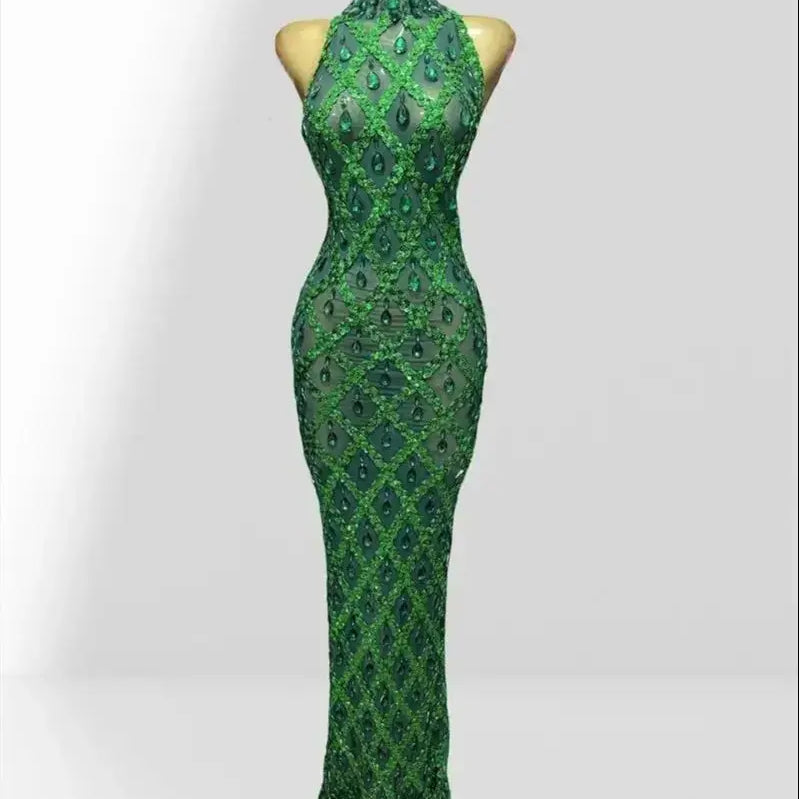 Woman Birthday Party Outfit Club Performance Costume Sparkling Diamond Green Sequins Sexy Mesh see Through Ankle Length Dress