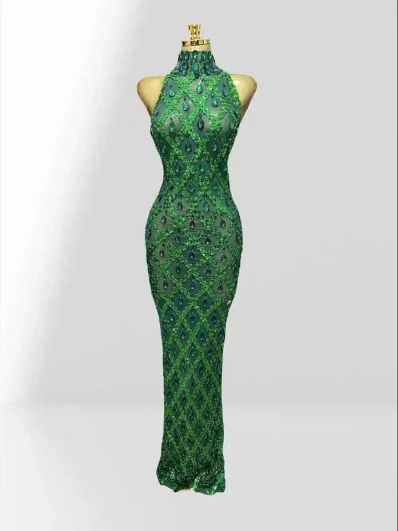 Woman Birthday Party Outfit Club Performance Costume Sparkling Diamond Green Sequins Sexy Mesh see Through Ankle Length Dress
