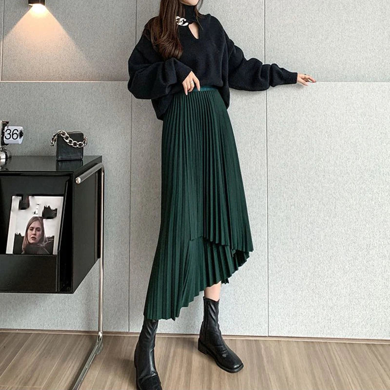 Vintage Streetwear Pleated Skirts Female Autumn Winter High Waist Irregular Long Skirt Women Fashion A Line Midi Skirts green One Size 40-75kg