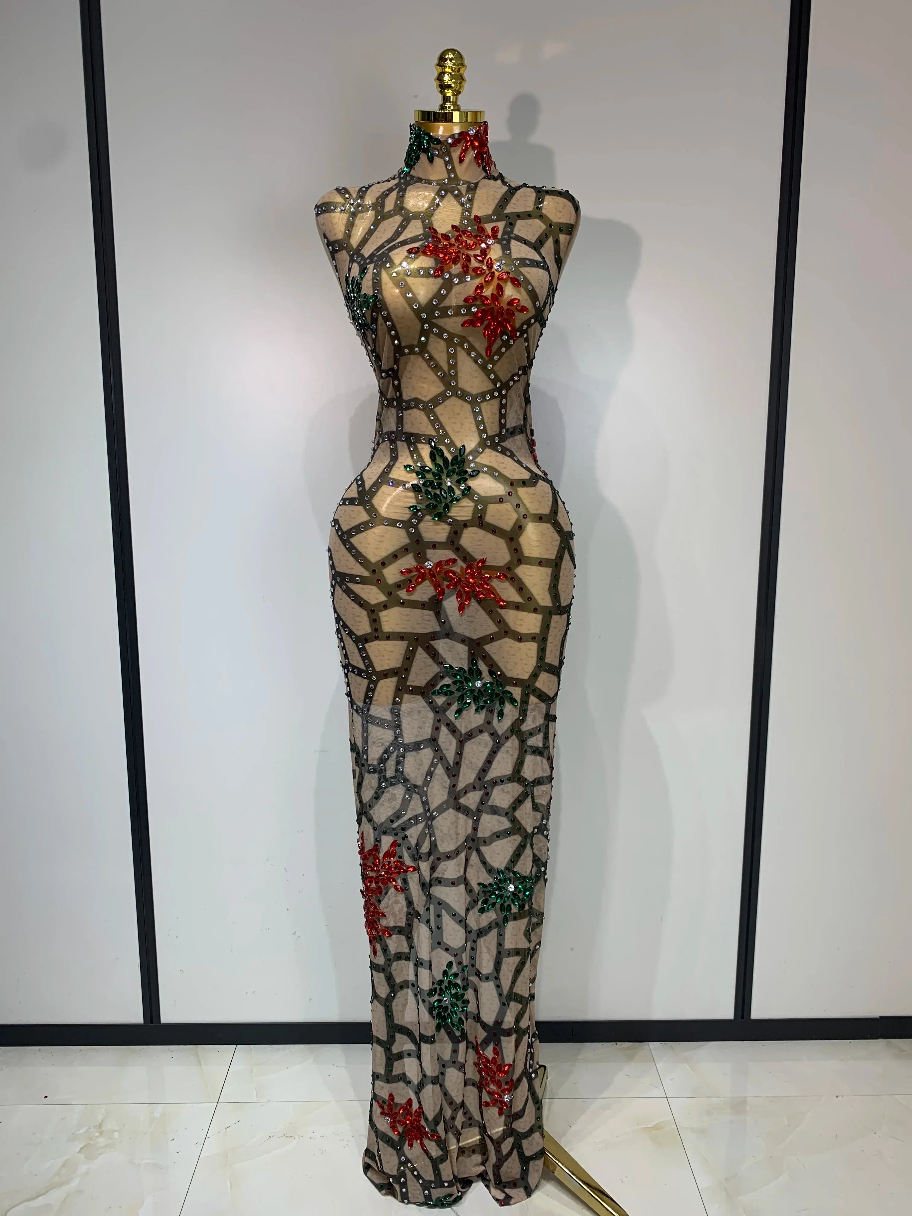 Women Sexy Mesh See Through Sparkly Rhinestone Long Maxi Dress Luxury Birthday Evening Party Prom Gowns Singer Stage Costume