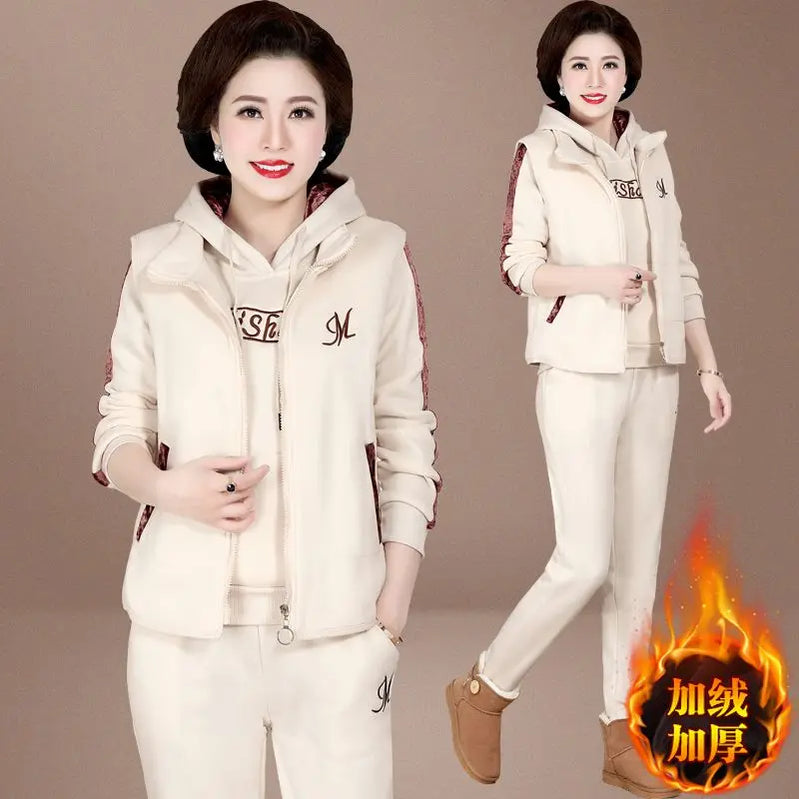 Women's Autumn Winter Suit Plush Thickened Hooded Tops Waistcoat Pants 3 Three Piece Sets Fashion Plus Size Women Clothing