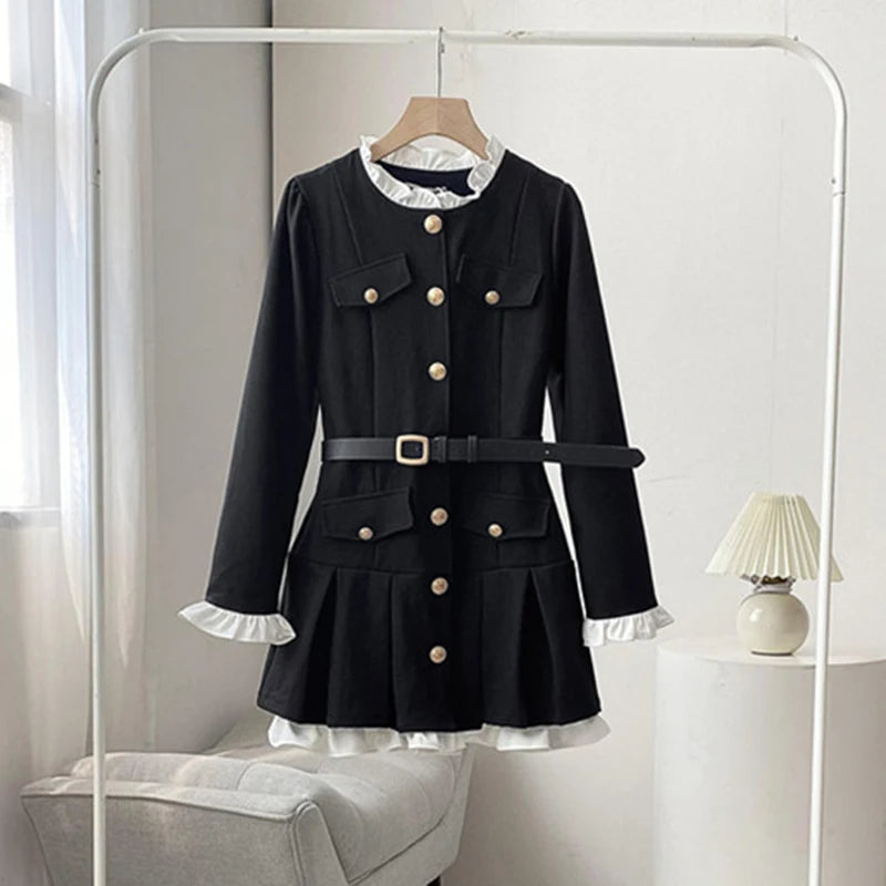 French Vintage Autumn Women Korean Fashion Elegant Party Mini Dress Female Long Sleeve Sweet One-piece Dress black