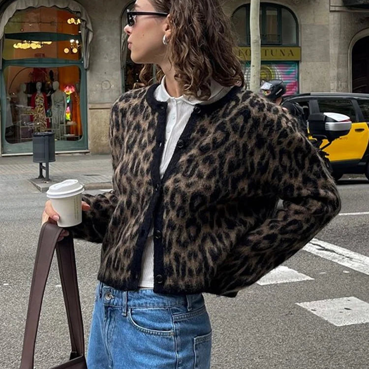 Vintage Leopard Print Mohair Women Cardigans Knitted O-neck Single Breasted Short Sweater Autumn Lady Casual Streetwear New