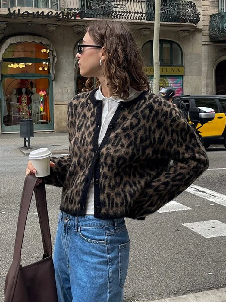 Vintage Leopard Print Mohair Women Cardigans Knitted O-neck Single Breasted Short Sweater Autumn Lady Casual Streetwear New