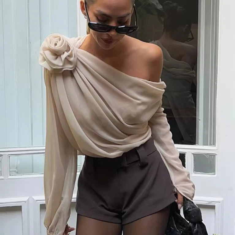 New Sexy Skew Collar Floral Applique Mesh Chiffon Tops For Women Elegant Fashion Club Cropped Tops See Through Pullover Apricot SY59