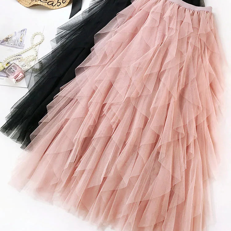 Fashion Tutu Tulle Skirt Women Long Maxi Skirt Spring Summer Korean Black Pink High Waist Pleated Skirt Female
