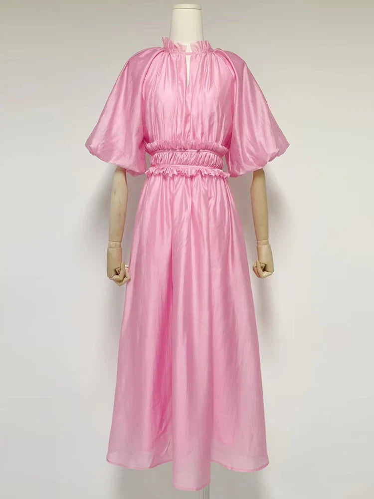 VGH Tie Dye Slim Dress Female Stand Collar Puff Half Sleeve High Waist Spliced Ruffles A Line Long Dresses Female Summer Clothes Pink