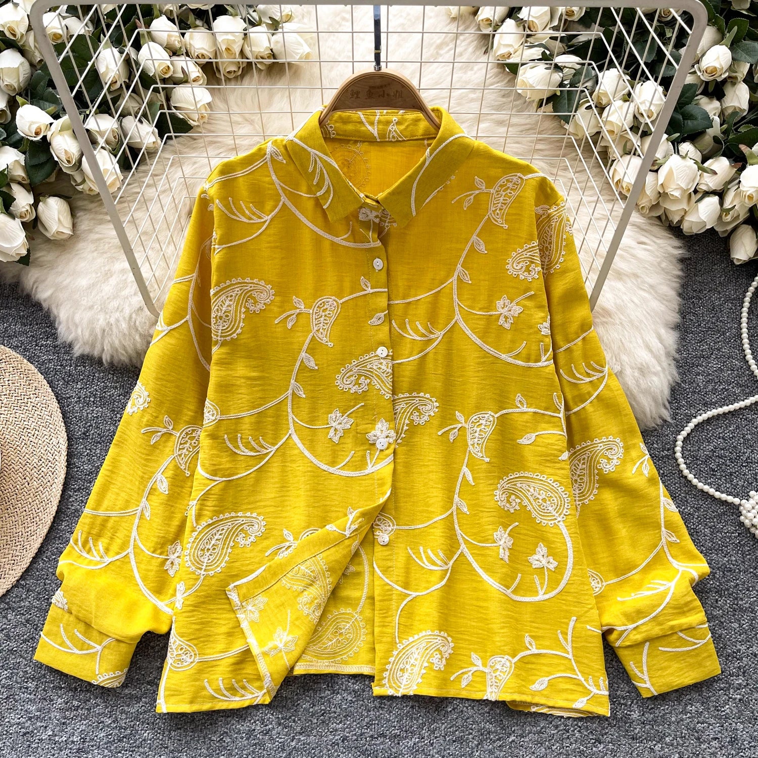 Vintage Elegant Embroidery print turn-down collar Blouse Fashion Single Breasted sweet Shirt  Casual Chic Top Fairy Summer Women