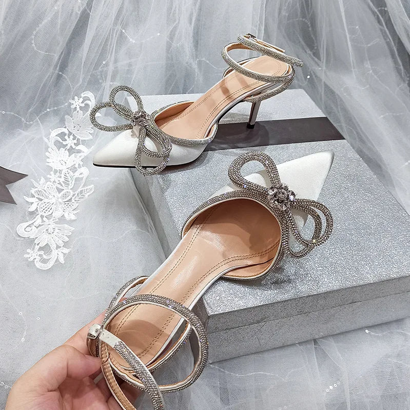 Glitter Rhinestones Women Pumps Crystal Bowknot Satin Sandals 2025 Summer Transparent Shoes High Heels Party Prom Designer Shoes