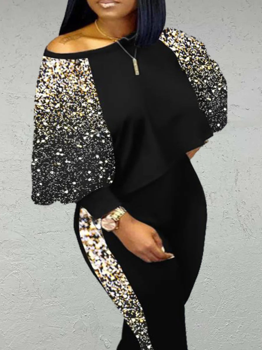 LW Plus Size Lantern Sleeve Gradient Print Skinny Pants Set New In Women Spring Summer High Elasticity 2PC Tracksuits Outfits