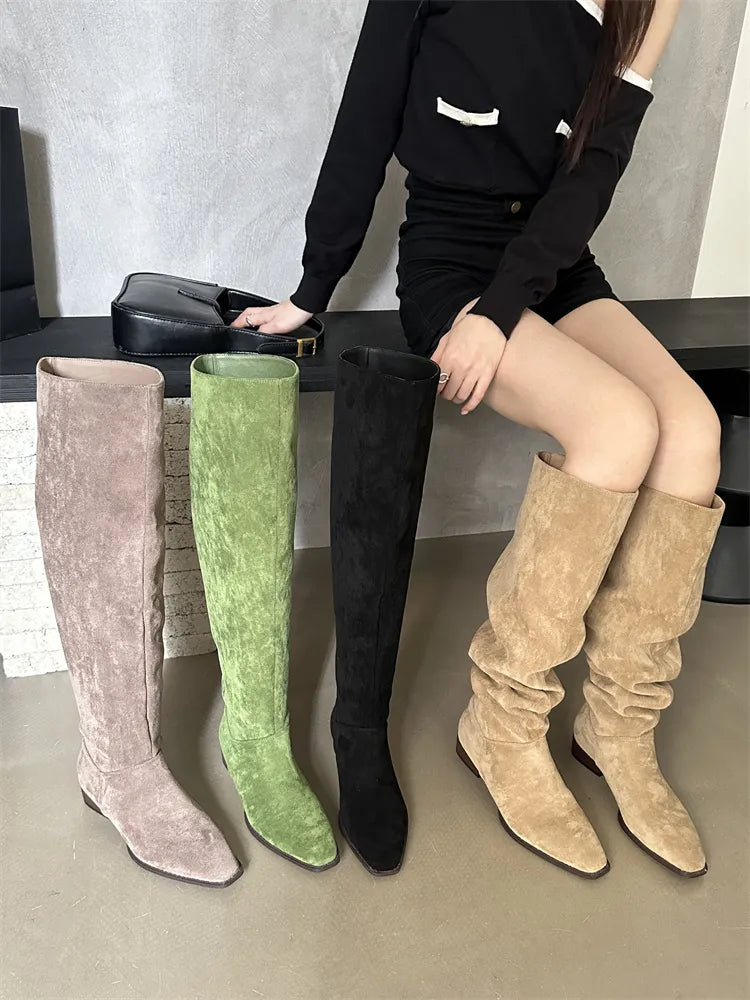 Low Heel Pleated Boots Autumn Winter New Square Head Knee Length Long Boots Suede Women's Shoes Black Beige Green Gray