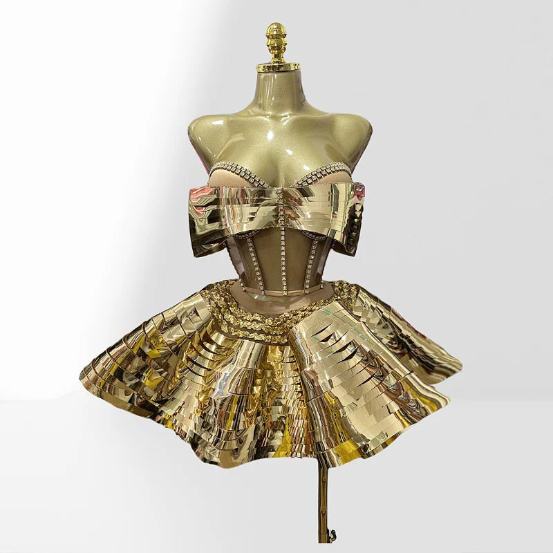 Mirror Surface Woman Party Set Stereoscopic Bows Strapless Tops And UFO Mini Skirt 2 Pieces Party Outfit Performance costume