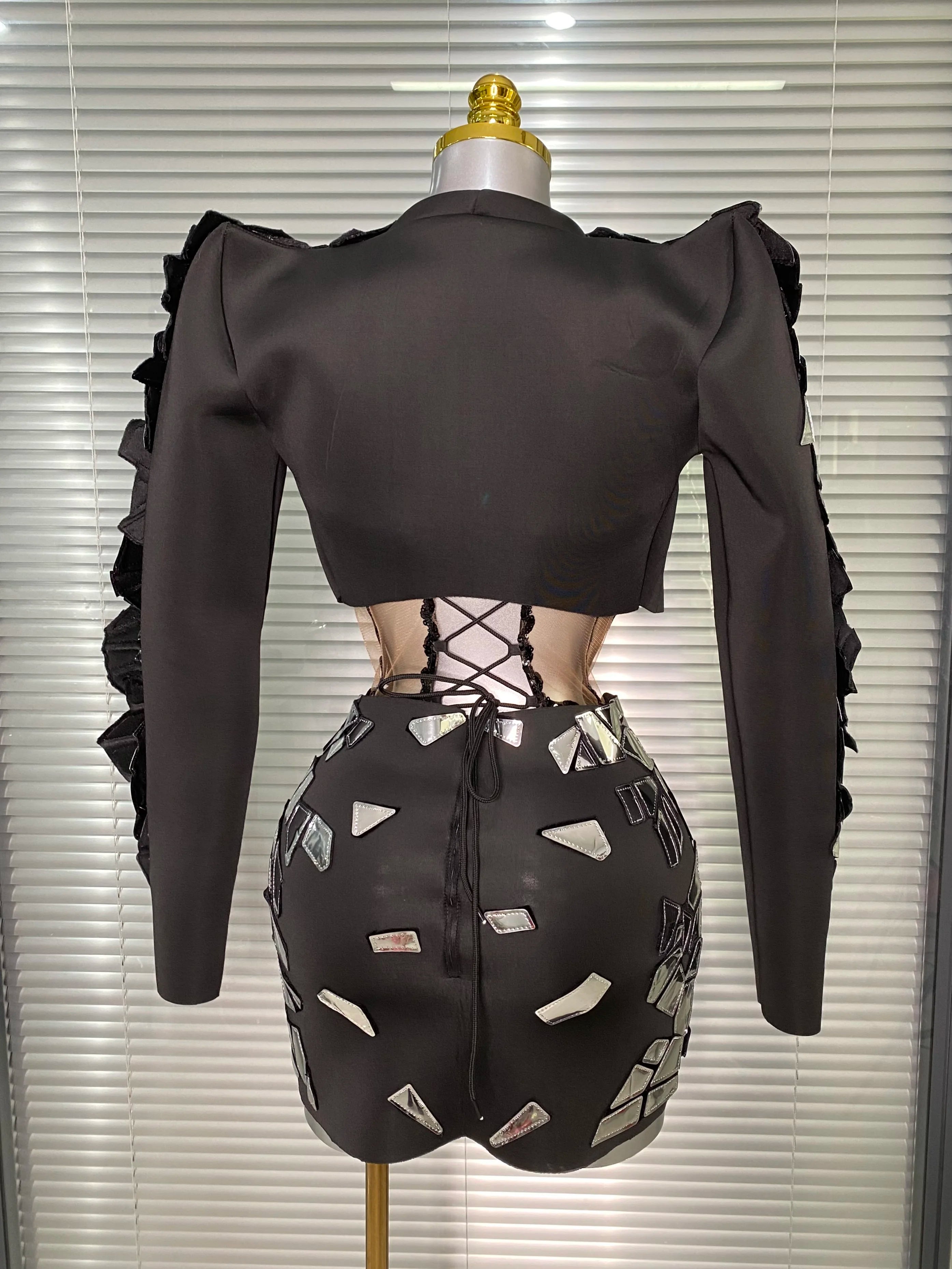 Women Sexy Two Pieces Set Women Sparkly Night Club Skirt Suits Coat Singer Dancer Stretchy Stage Performance Costume