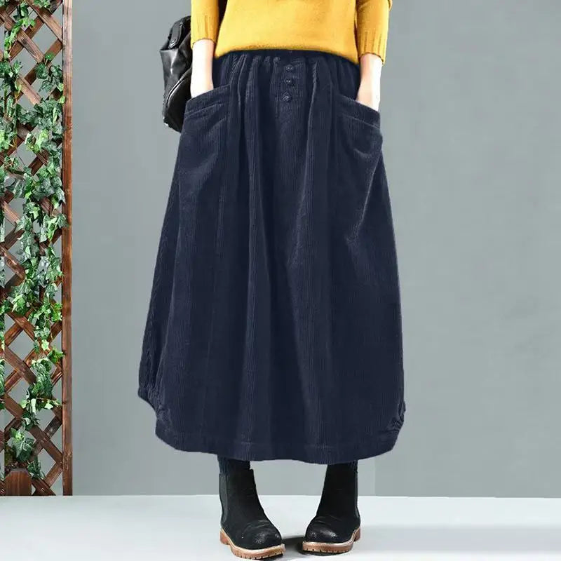 Women Corduroy Skirts Casual Elastic Waist Long Skirt Female Faldas Saia Autumn Vintage Solid Jupe Vestidos Oversize Navy