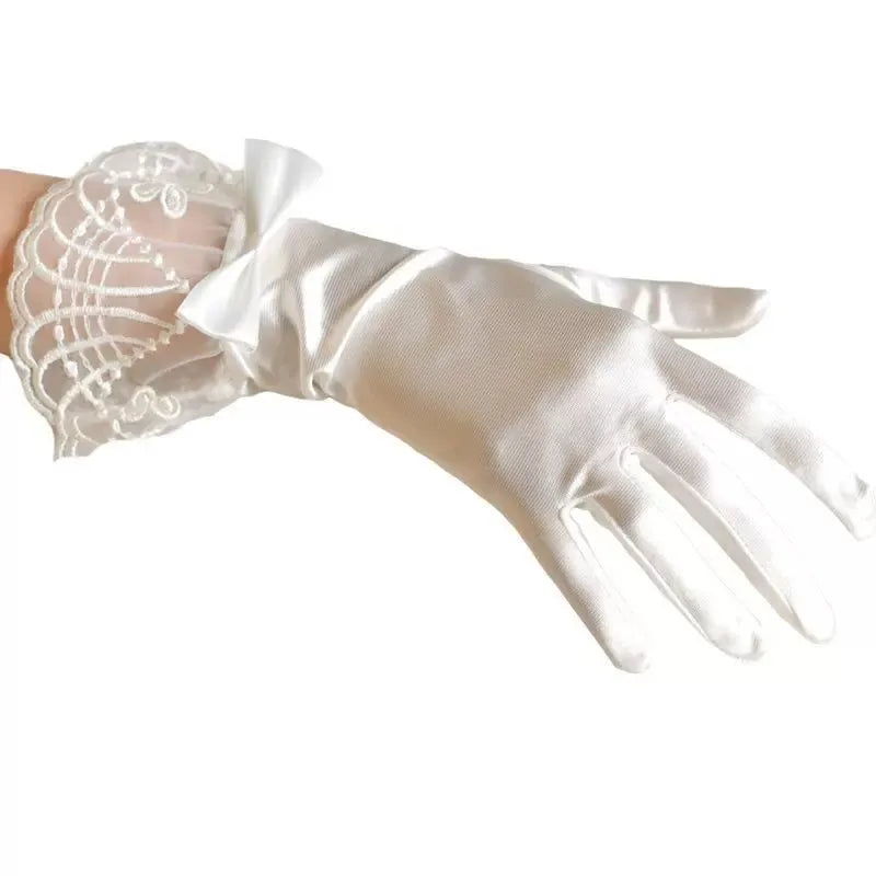 Wedding Date White Satin Lace Short Gloves Ladies Bride Accessories