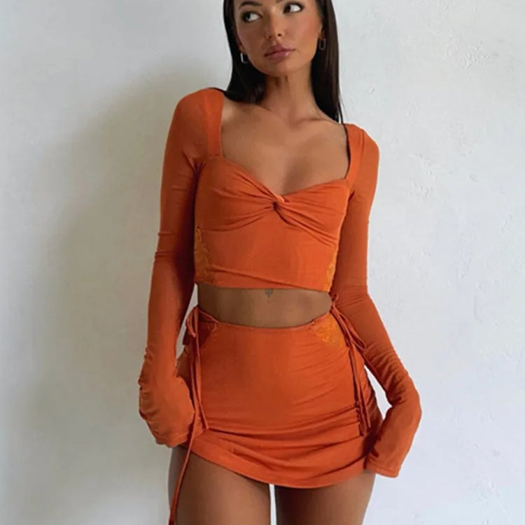 hirigin Women Summer 2 Pieces Outfits Solid Color Sweetheart Neckline Long Sleeve Crop Tops and Side Tie-Up Mini Skirts Set