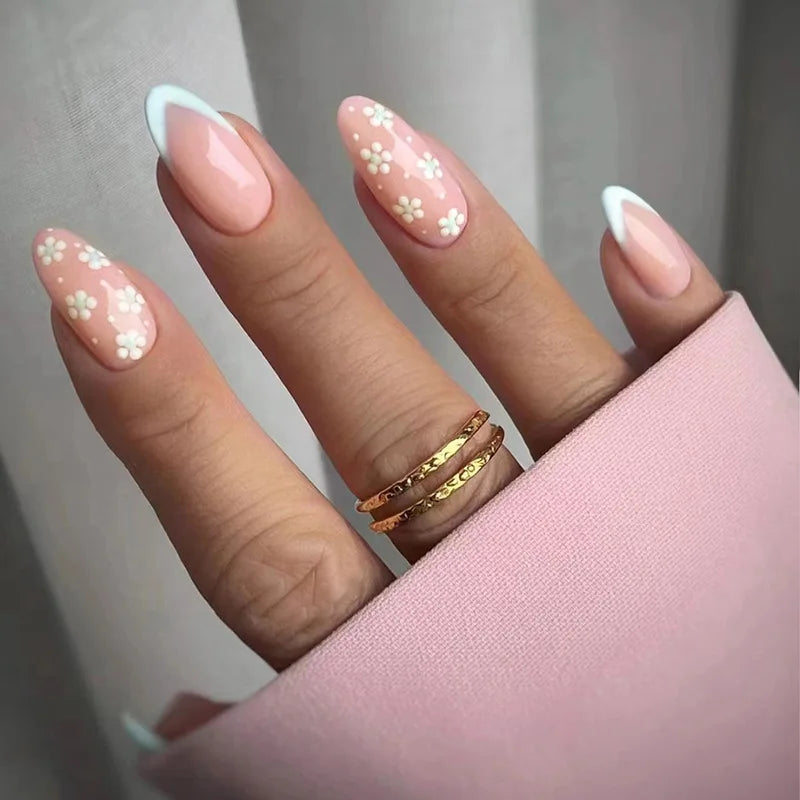 24Pcs Almond Fake Nail with Beveled French Design Glitter Stripes False Nails Round Head Wearable Press on Nails Manicure Tips