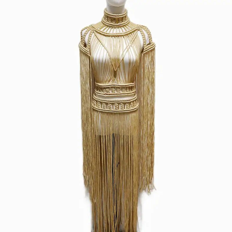 Tassel Hand Crochet Knitted Women Bikini Cover Ups 2023 Summer Holiday Beach Bathing Suit Sexy Hollow Out Skirts Matching Set A04khaki One Size