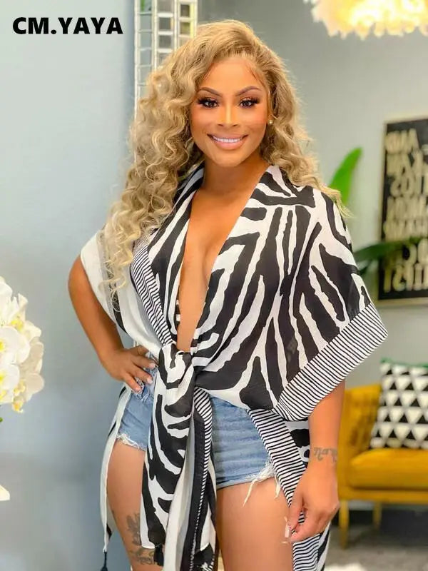 CM.YAYA Elegant Zebra Striped Women 3d Printed Tie Up Open Stitched Batwing Sleeve Shirt Blouse Tops