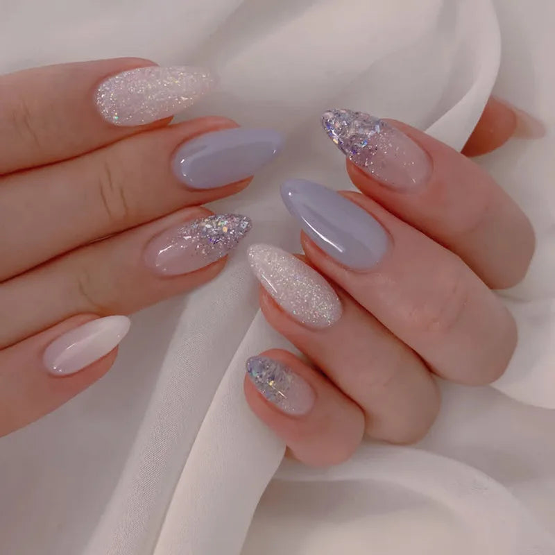 24Pcs Simple False Nails French Design Short Almond Fake Nails Glitter Blue Round Head Full Cover Nail Tips Oval Press on Nails