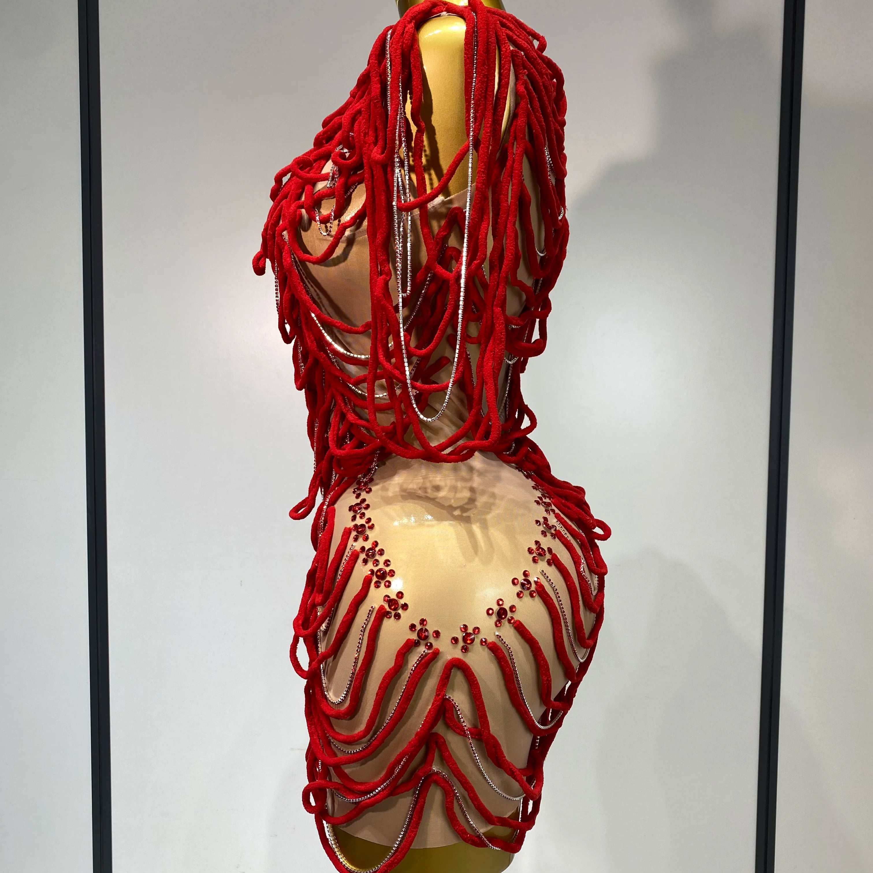 Women Mesh Elastic Sexy Tight Fitting Sparkly Diamond Chain Short Dress Nightclub Luxury Birthday Stage Performance Costumes