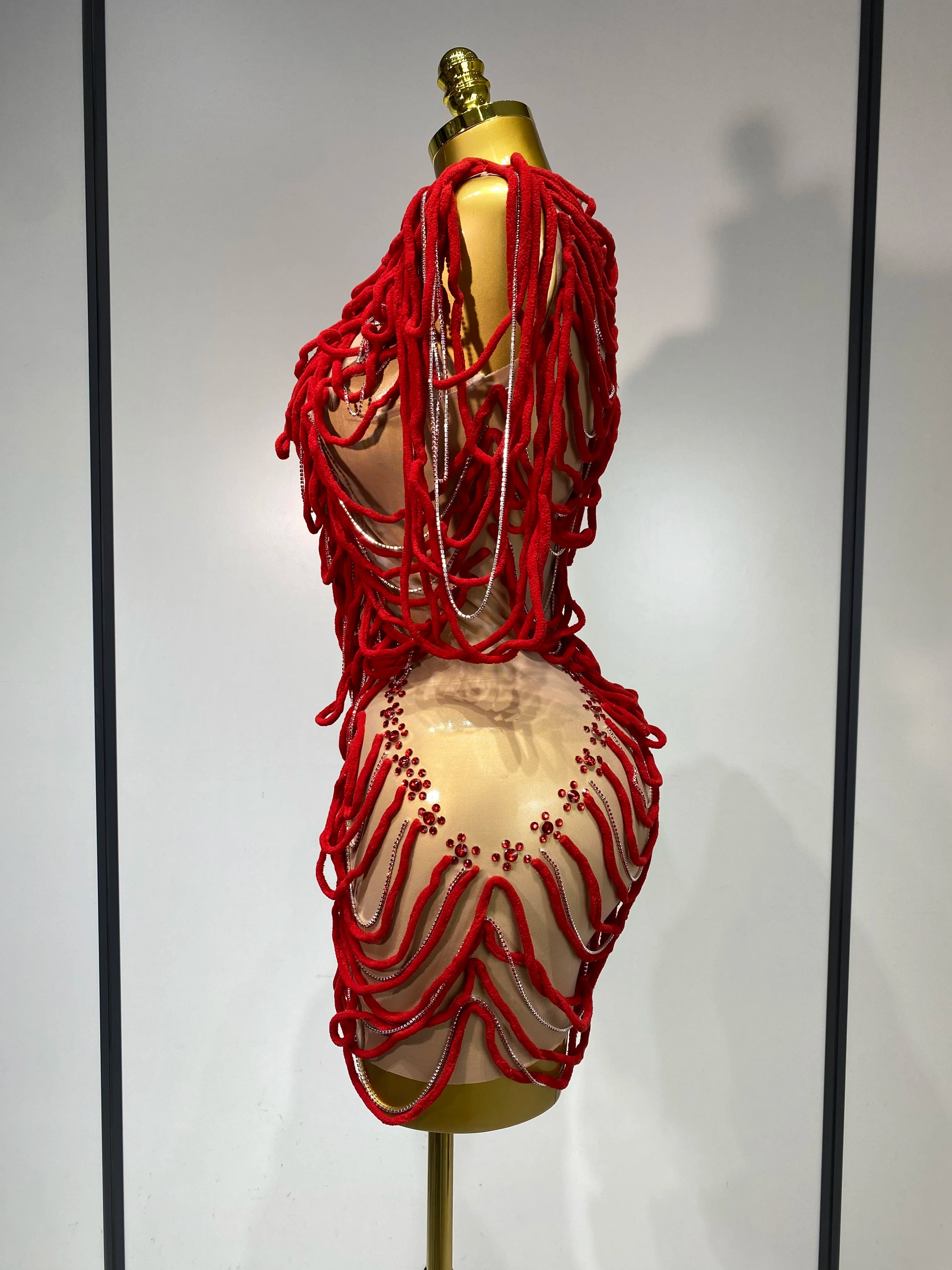 Women Mesh Elastic Sexy Tight Fitting Sparkly Diamond Chain Short Dress Nightclub Luxury Birthday Stage Performance Costumes