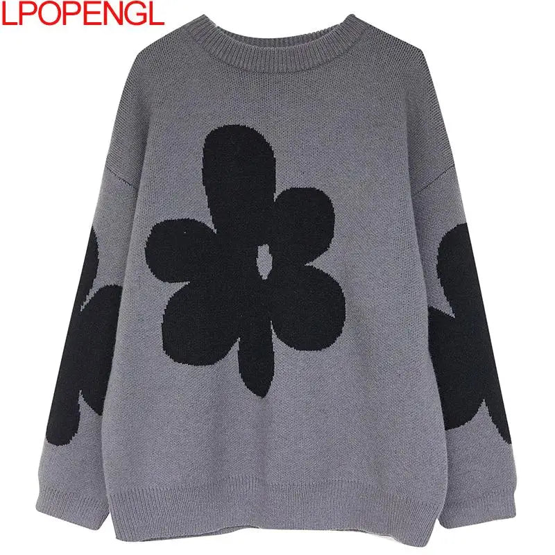 Women's Autumn And Winter Korean Bottoming Long Sleeves Flowers O-neck Pullover A-straight Vintage Sweater Trend Top