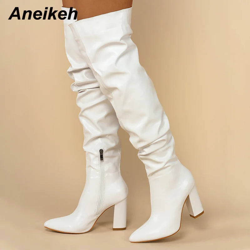 Design White Pleated Leather Over The Knee Boots Fashion Runway Thick High Heels Sexy Pointed Toe Zip Womans Shoes